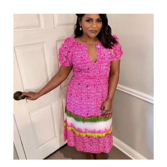 Tanya Taylor Women's Pink Silk Luciana Print Ruffle Midi Dress Size 8 - Picture 2 of 10